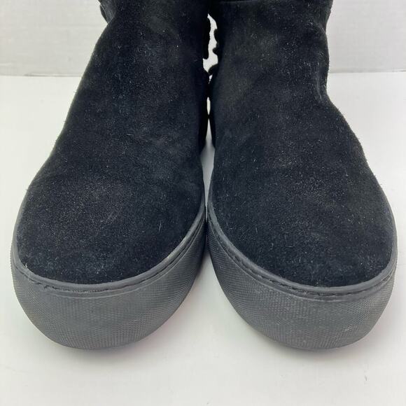 J/Slides Sz 8.5 Ruffle Back Platform Ankle Booties Black Suede Faux-fur Lined - Picture 3 of 16